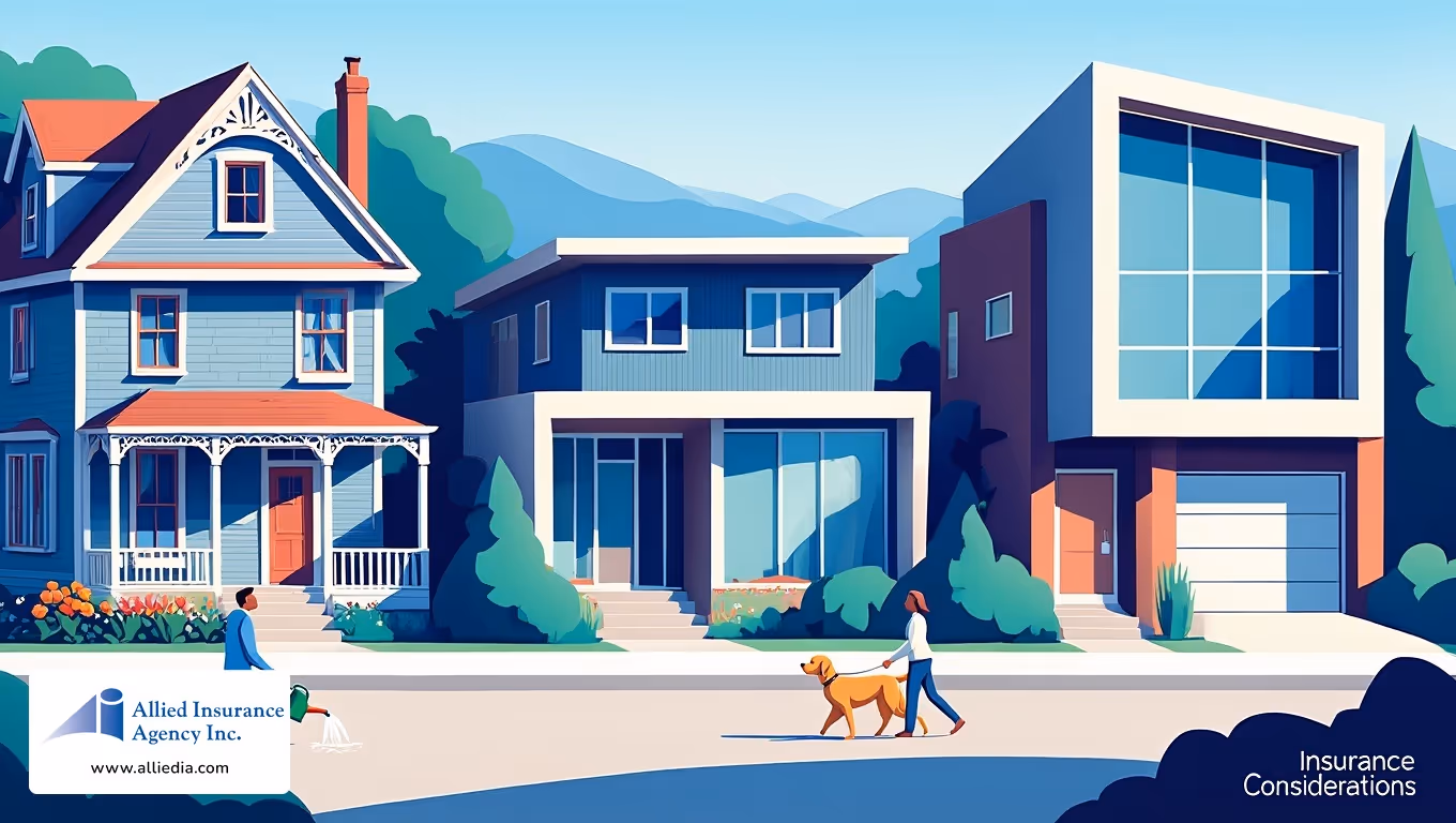 Illustration of three homes in a neighborhood with people walking and a logo showing insurance considerations.