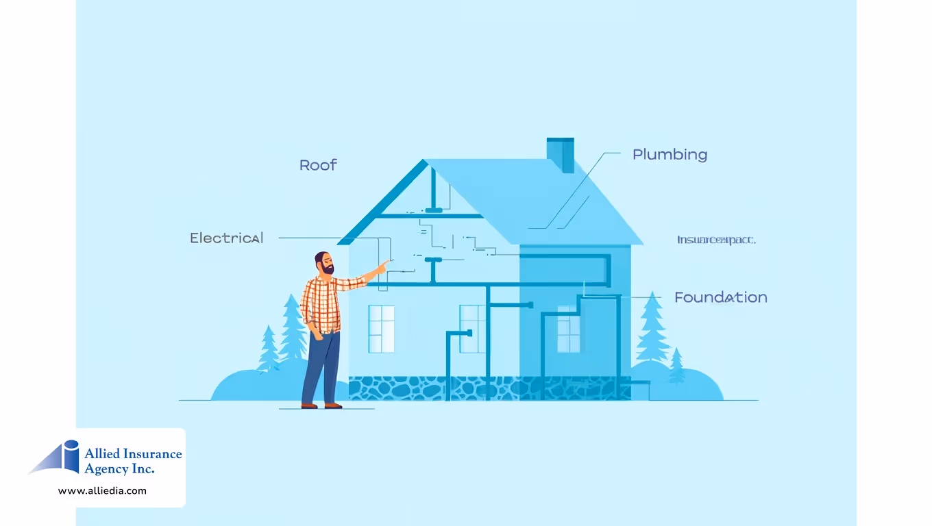 Illustration of a man pointing at labeled home systems including roof, electrical, plumbing, and foundation.