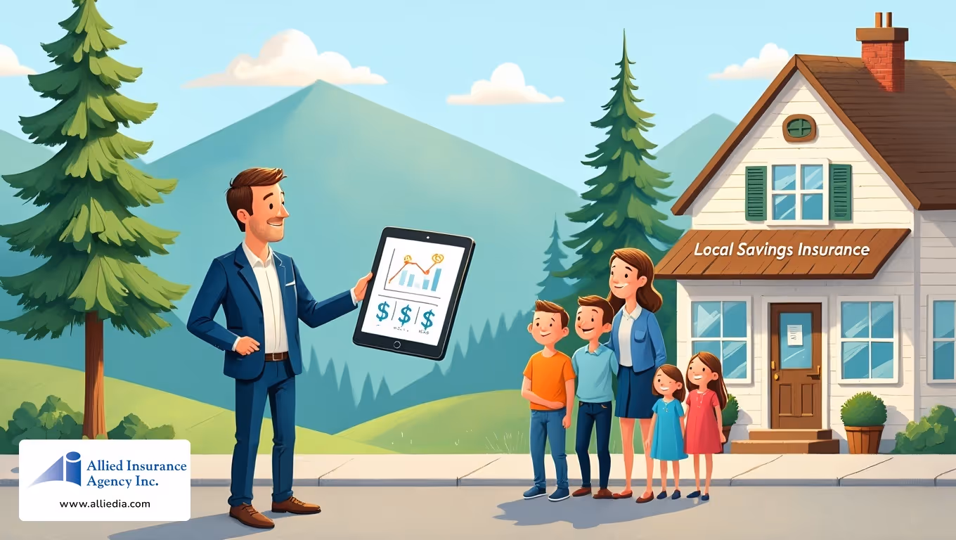 Illustration of a man presenting insurance savings charts on a tablet to a family outside a house.