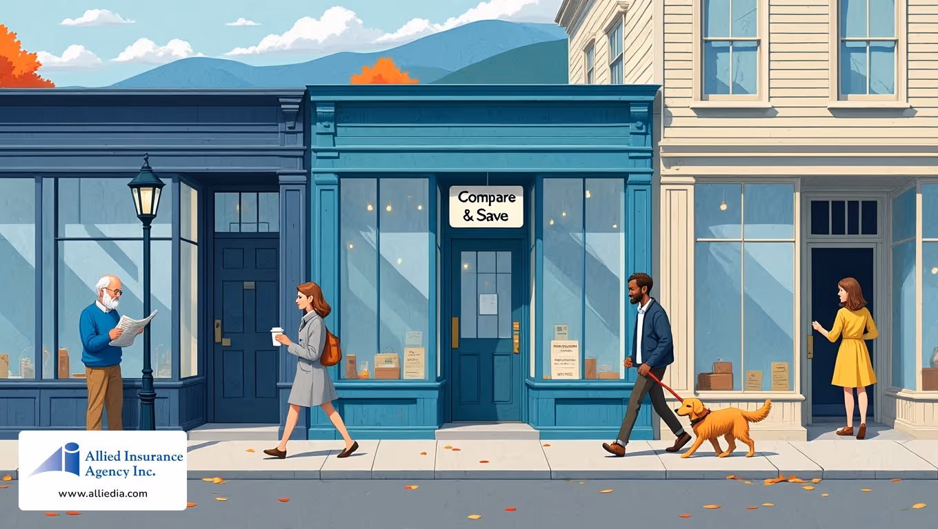 Illustration of people walking past storefronts with a “Compare & Save” sign on a central shop.