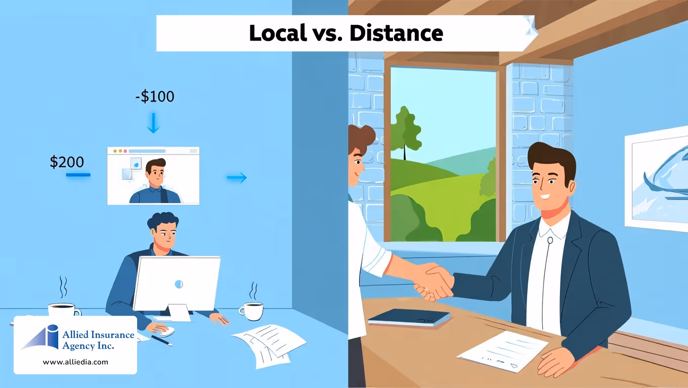 Illustration comparing local versus distance insurance service with a remote worker and an in-person meeting.