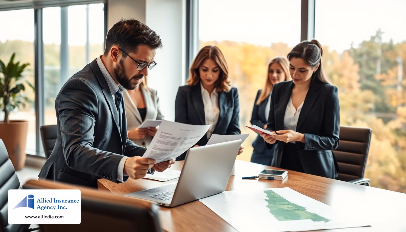 Illustration of office team reviewing insurance documents around a conference table.