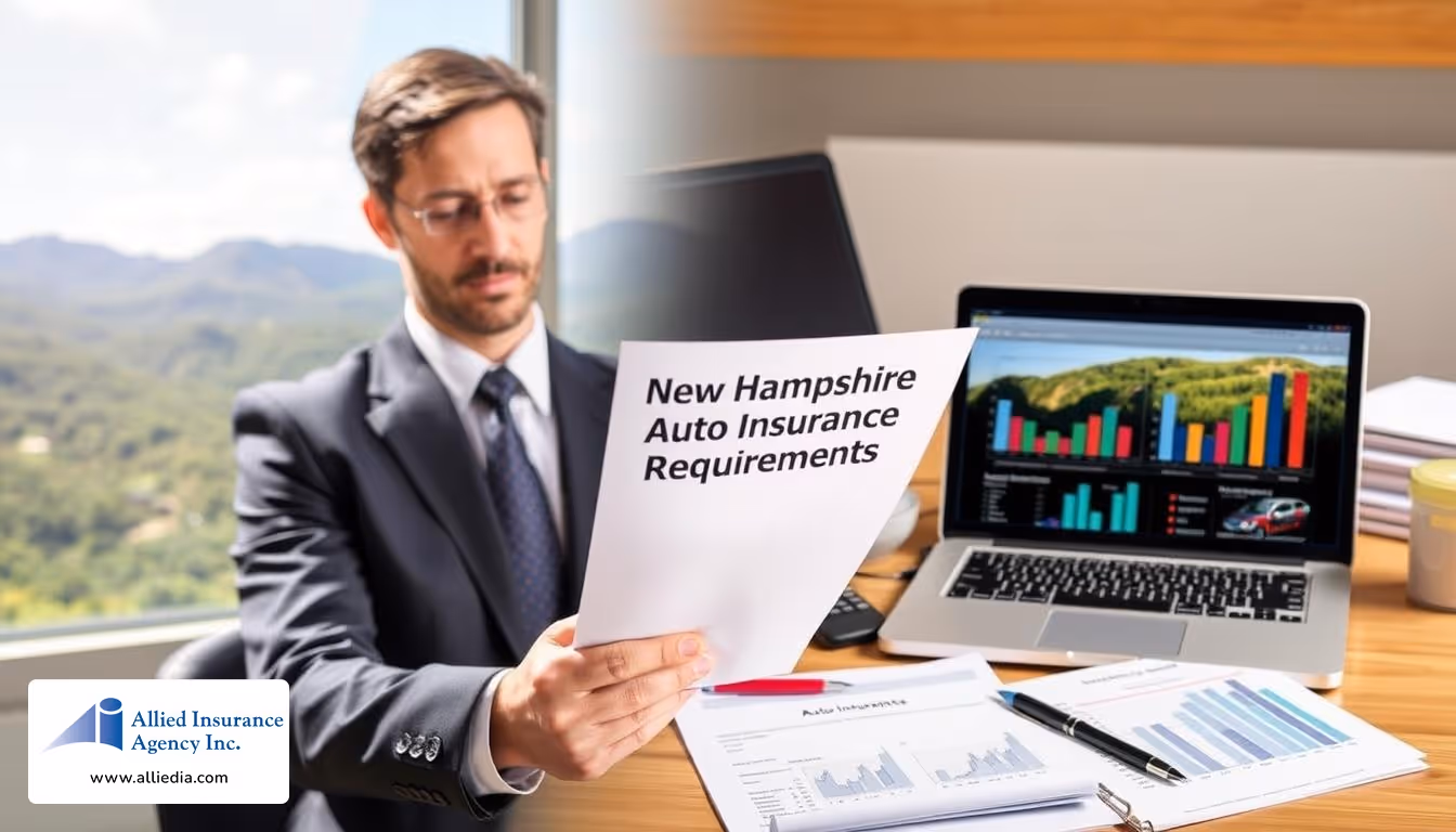 Businessman reviewing New Hampshire auto insurance requirements at his desk with charts and a laptop.