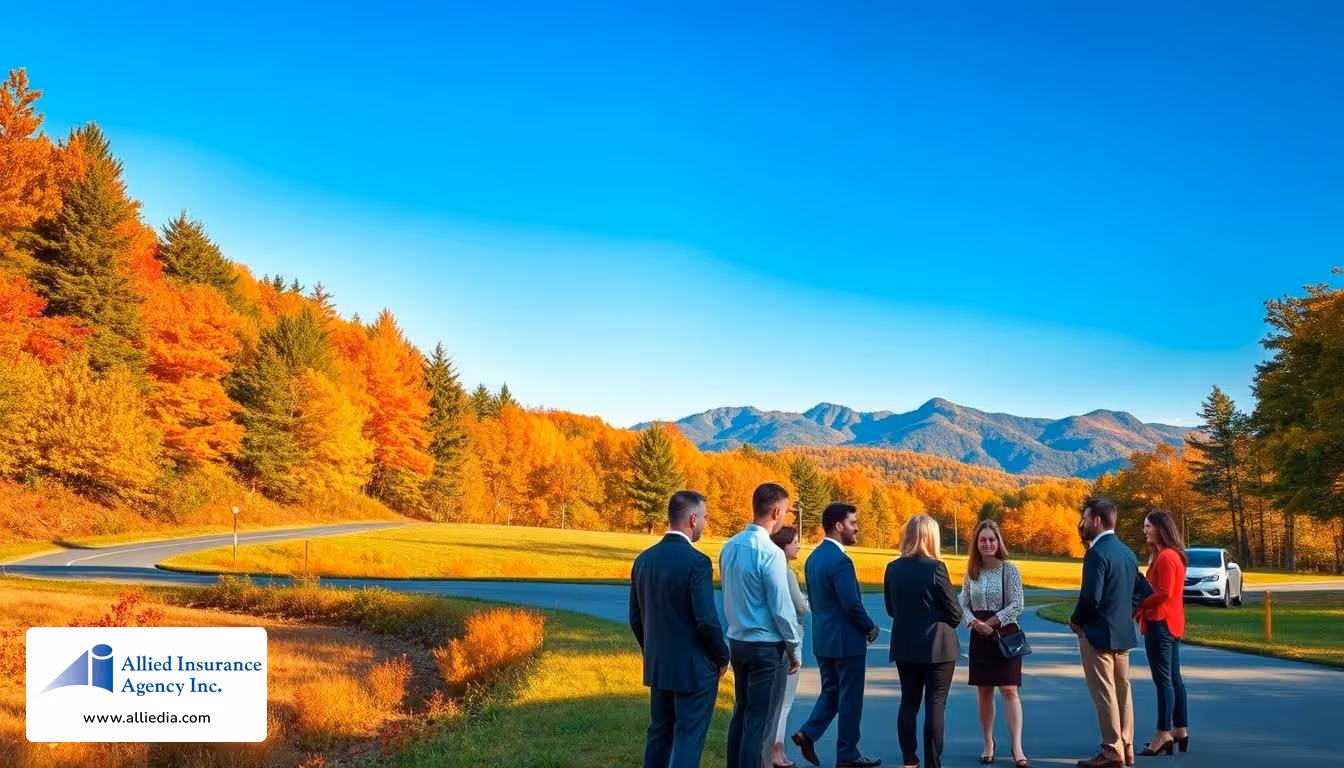 Group of professionals standing outdoors in a fall landscape with mountains in the distance.