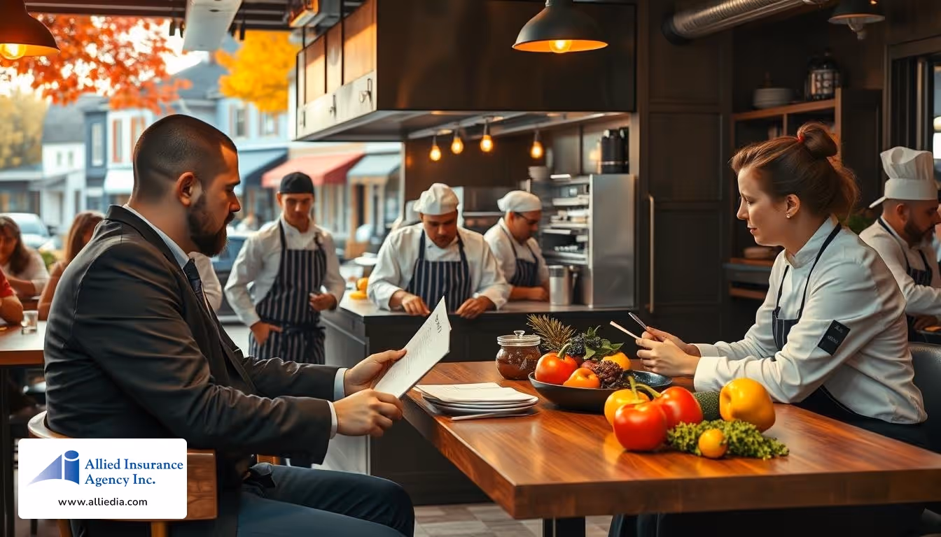 Advisor meeting with a chef in a commercial kitchen to discuss insurance documents.