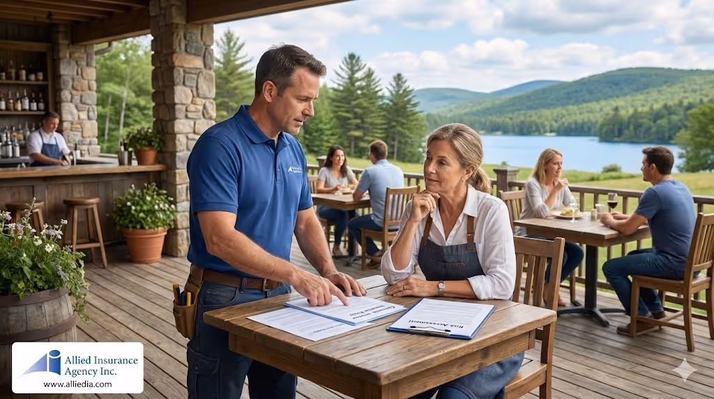 new england home exterior deck restaurant business meeting with hvac contractor - Is Your HVAC Business Really Protected concept