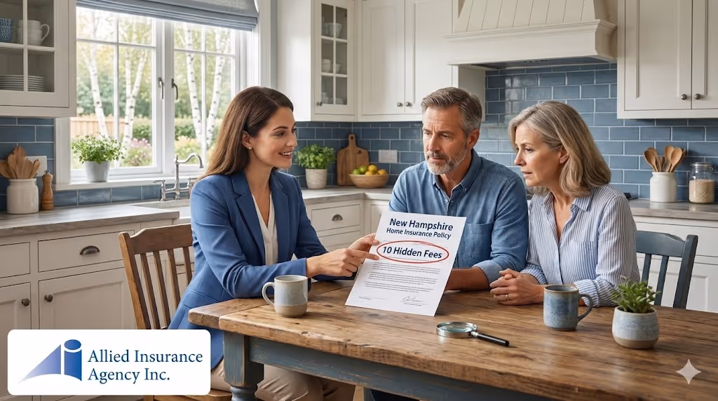 New Hampshire home kitchen with an insurance agent - 10 Hidden Fees in New Hampshire Home Insurance Policies concept