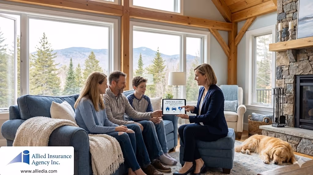 insurance agent meeting with family by fireplace - Bundle Your Policies with an Insurance Agency Near You