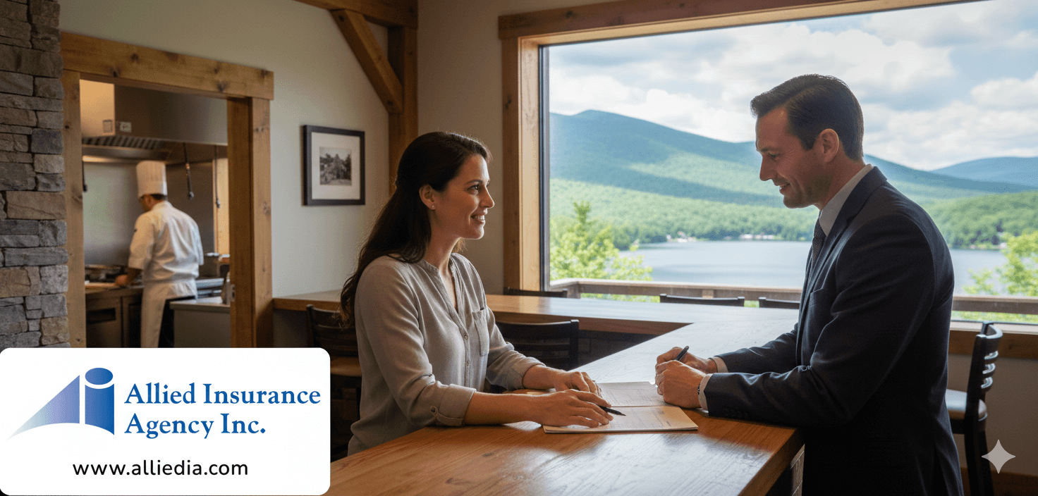 insurance agent meeting with nh restaurant owner with chef in the background
