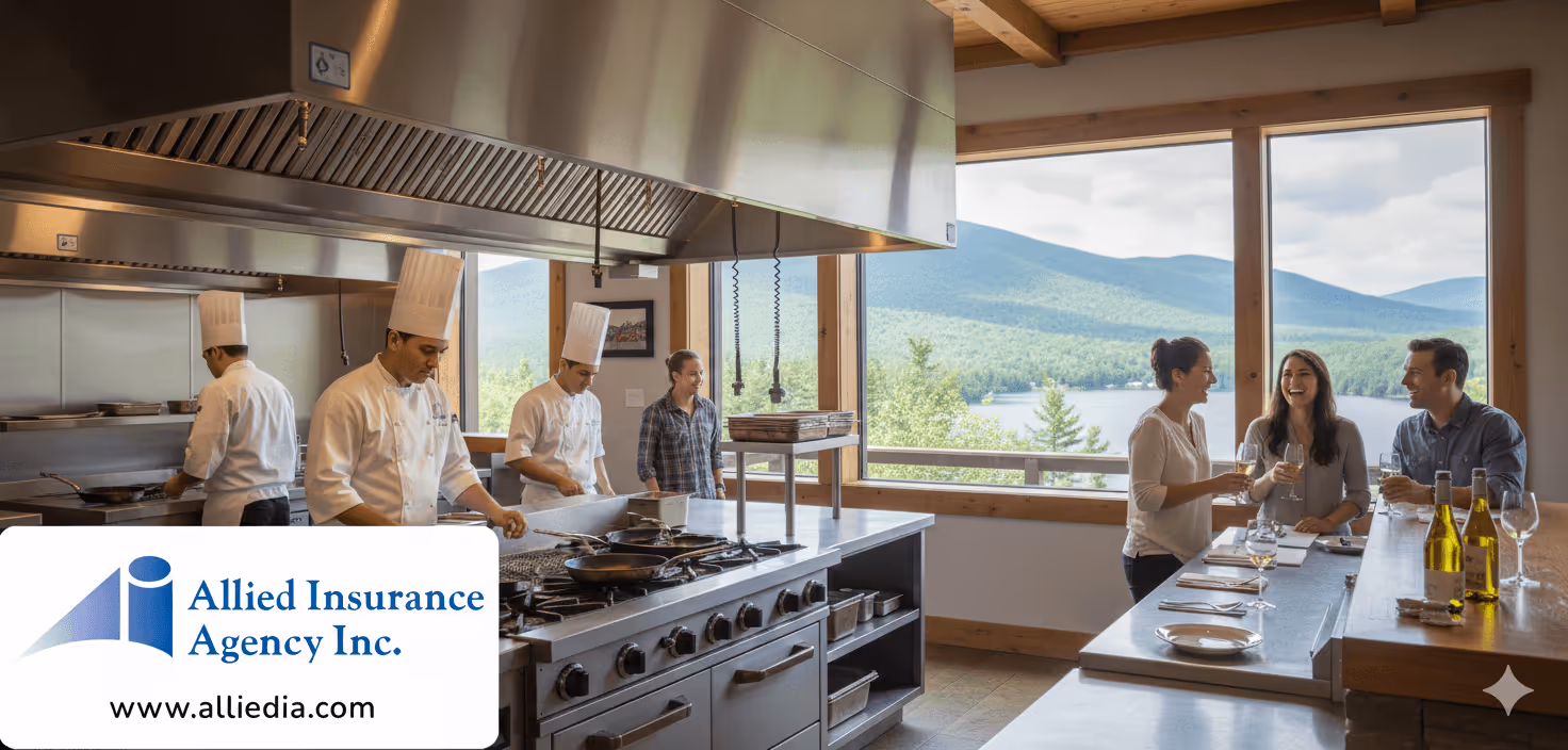 open restaurant setting with cooks, owner and couple at a table