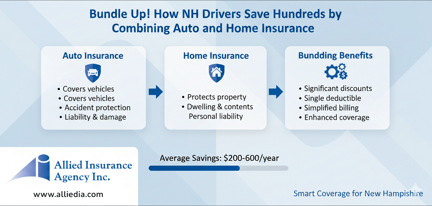 infographic that conveys the concept of Bundle Up! How NH Drivers Save Hundreds by Combining Auto and Home Insurance