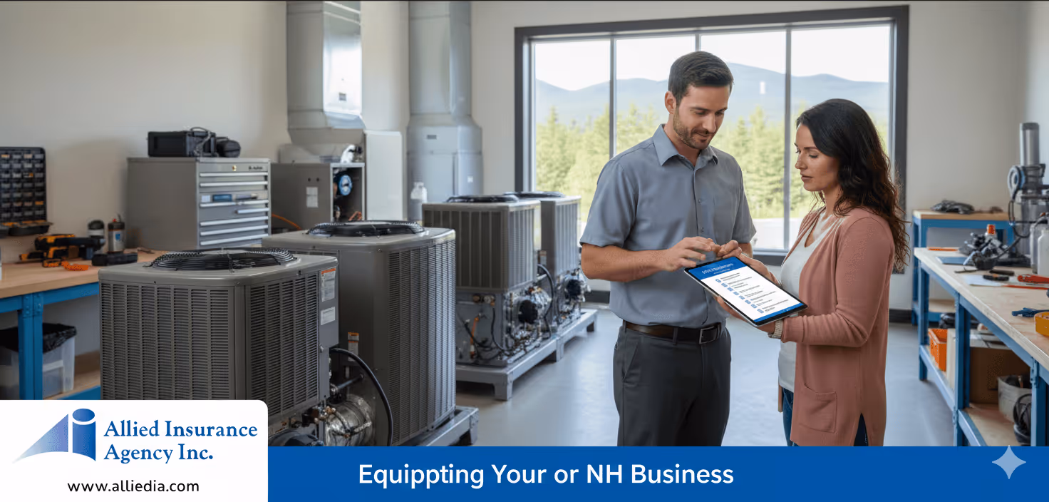 HVAC contractor reviewing an insurance checklist with a client inside a New Hampshire training facility, with Allied Insurance Agency branding displayed.
