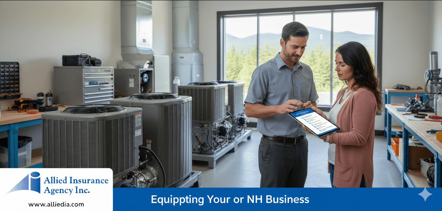 HVAC contractor reviewing an insurance checklist with a client inside a New Hampshire training facility, with Allied Insurance Agency branding displayed.