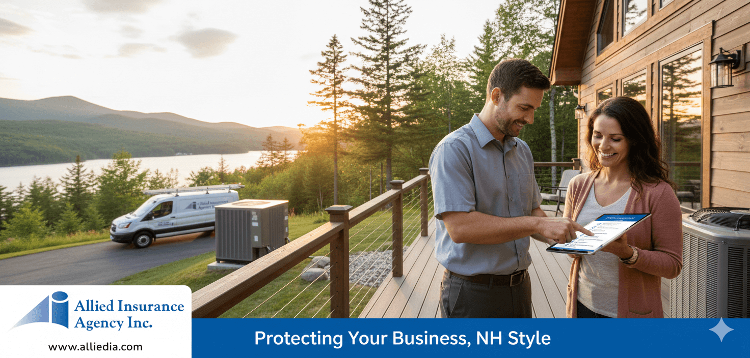 HVAC contractor reviewing insurance coverage details with a homeowner outside a New Hampshire residence, with service van and Allied Insurance Agency branding visible.