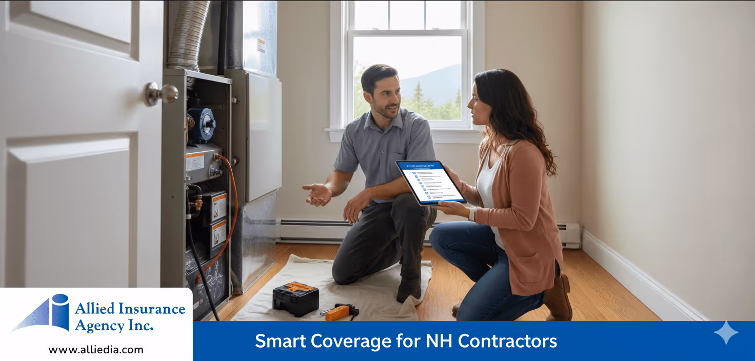 HVAC contractor discussing insurance coverage with a homeowner beside a furnace during a New Hampshire service visit, with Allied Insurance Agency branding displayed.