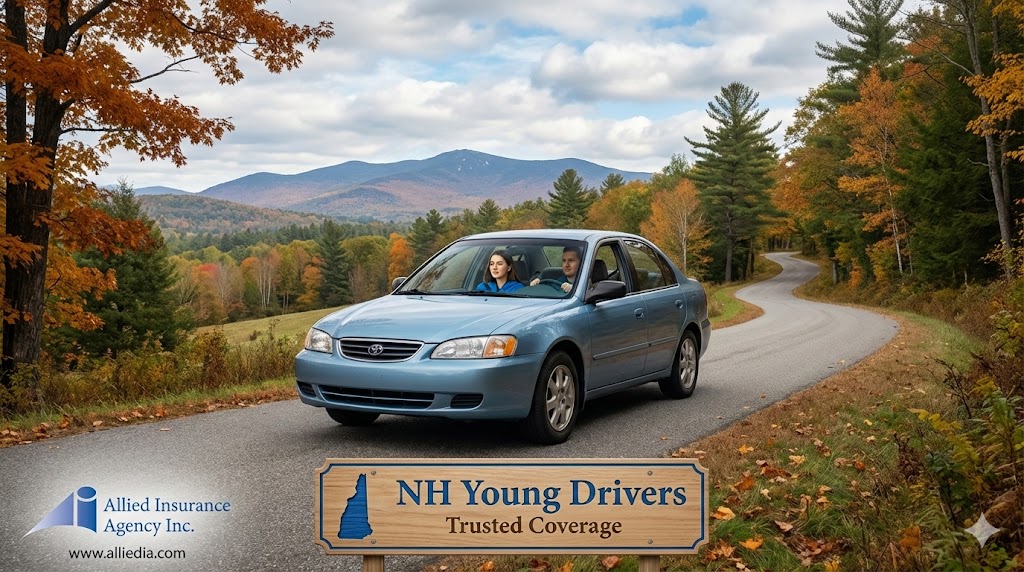 Gemini said Two young adults in a light blue sedan driving on a winding New Hampshire road surrounded by vibrant autumn foliage and distant mountains. A wooden sign in the foreground reads "NH Young Drivers Trusted Coverage," with the Allied Insurance Agency logo in the bottom-left corner