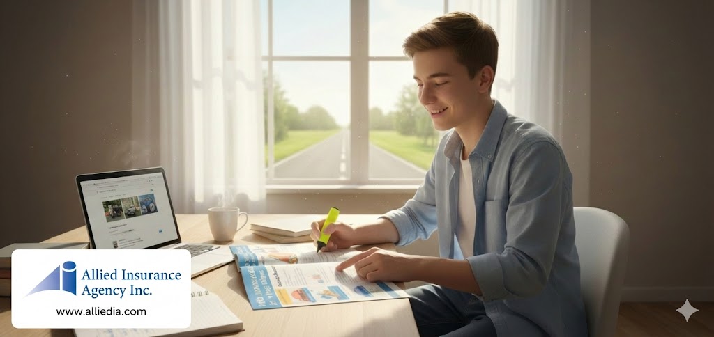 A young man in a blue shirt smiles while highlighting a textbook at a desk with a laptop displaying a website and a mug of coffee. A large window behind him looks out onto a paved road. The "Allied Insurance Agency Inc." logo with its website address is in the bottom-left corner of the image