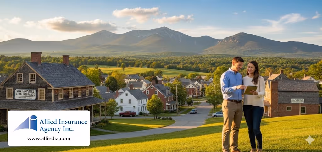 A picturesque landscape of New Hampshire featuring rolling green hills and a clear blue sky, conveying a sense of local charm. In the foreground, a young professional couple looks at a tablet, discussing auto insurance options, dressed in smart casual clothing. The middle ground showcases a rustic New England town with traditional colonial-style houses and an auto insurance office with a welcoming sign. The background includes the iconic White Mountains, bathed in soft, warm afternoon light that gives a serene atmosphere to the scene. The image should be taken from a slightly elevated angle, highlighting the beauty of the region and the focus on local insights. The overall mood is friendly and reassuring, emphasizing community and trust in local auto insurance coverage.