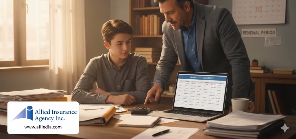 A young teen, dressed in smart casual clothing, sits at a wooden desk cluttered with documents and a laptop displaying an auto insurance comparison website. In the foreground, a calculator, a notepad with handwritten notes, and a pen are visible. In the middle background, a supportive adult figure, dressed in professional attire, points at the laptop screen, guiding the teen through the insurance evaluation process. The room is warm and inviting, with natural sunlight streaming through a window, casting soft shadows. On the wall, a calendar hangs, indicating it's a busy time of year for insurance renewals. The atmosphere is focused and collaborative, emphasizing the importance of understanding auto insurance coverage for young drivers.