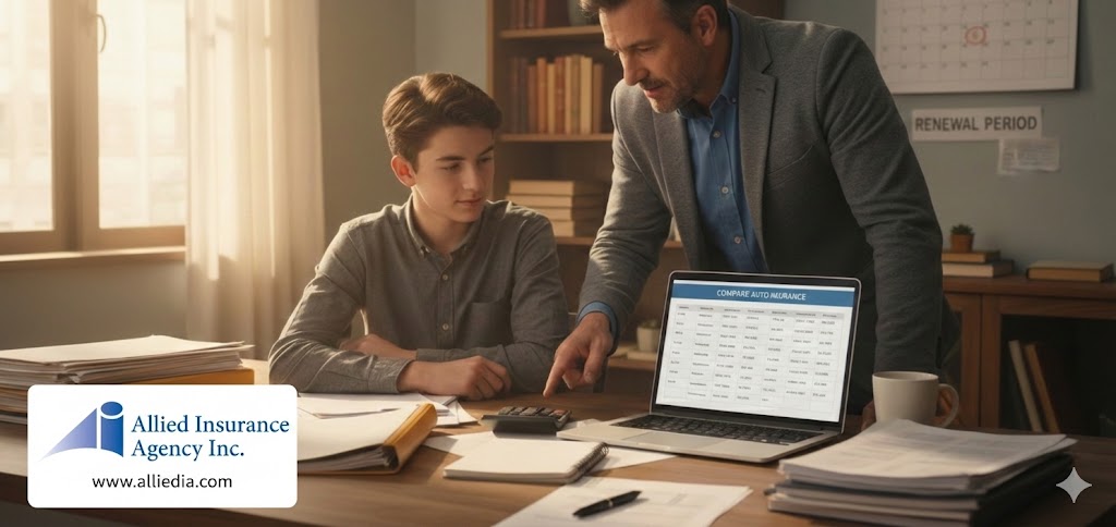 A young teen, dressed in smart casual clothing, sits at a wooden desk cluttered with documents and a laptop displaying an auto insurance comparison website. In the foreground, a calculator, a notepad with handwritten notes, and a pen are visible. In the middle background, a supportive adult figure, dressed in professional attire, points at the laptop screen, guiding the teen through the insurance evaluation process. The room is warm and inviting, with natural sunlight streaming through a window, casting soft shadows. On the wall, a calendar hangs, indicating it's a busy time of year for insurance renewals. The atmosphere is focused and collaborative, emphasizing the importance of understanding auto insurance coverage for young drivers.
