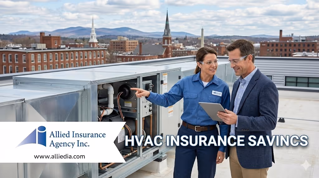 Gemini said A female HVAC technician in a blue uniform and safety glasses points to the internal components of a large commercial rooftop ventilation unit while consulting with a male professional holding a tablet. The setting is a rooftop overlooking a classic New Hampshire town with historic brick buildings, church spires, and rolling blue mountains in the distance