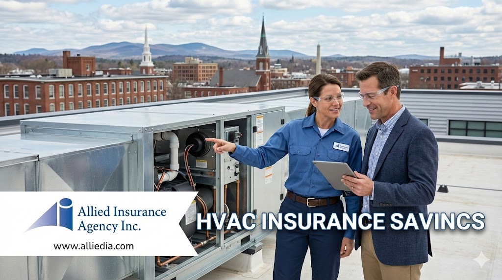 Gemini said A female HVAC technician in a blue uniform and safety glasses points to the internal components of a large commercial rooftop ventilation unit while consulting with a male professional holding a tablet. The setting is a rooftop overlooking a classic New Hampshire town with historic brick buildings, church spires, and rolling blue mountains in the distance