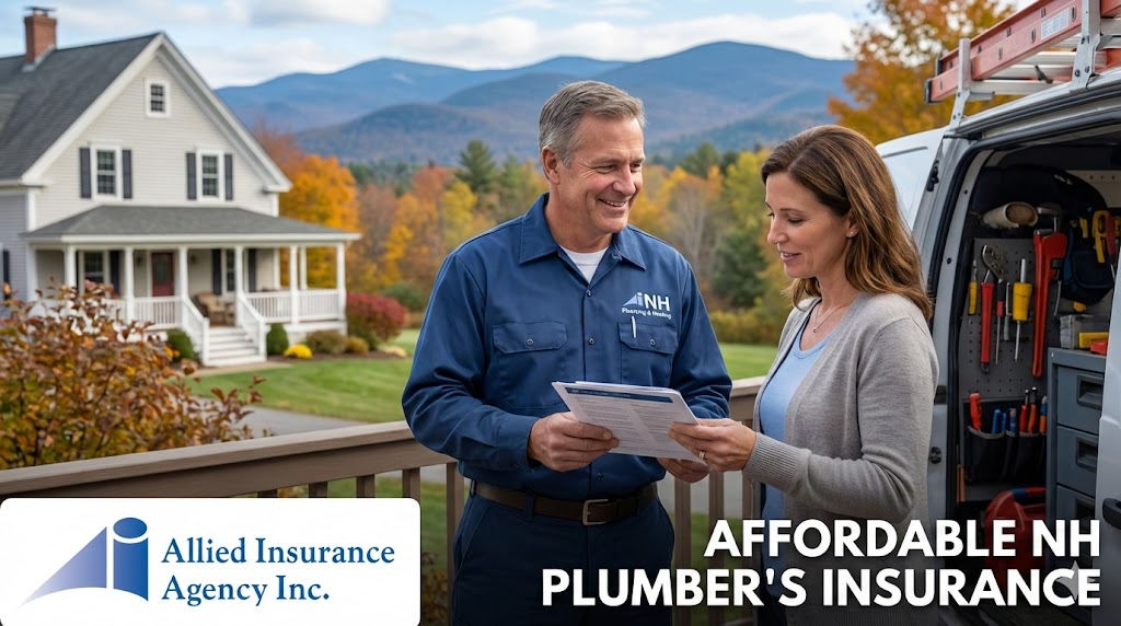 Gemini said A smiling male plumber in a blue uniform and a female homeowner review a document on a deck, with a New Hampshire mountain and autumn foliage backdrop. A work van is partially visible on the right - affordable plumbers insurance concept