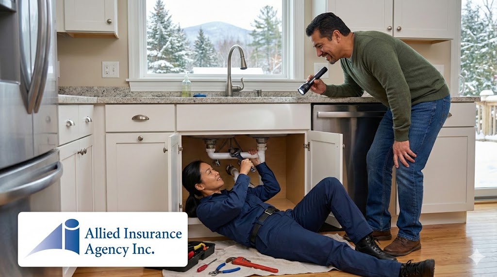 Gemini said An Asian female plumber in a navy blue uniform lies on her back under a kitchen sink, using a wrench to repair pipes. A Hispanic male homeowner leans over with a smile, shining a flashlight to assist her. The modern kitchen features white cabinetry and a view of a snow-covered New Hampshire mountain range through the window