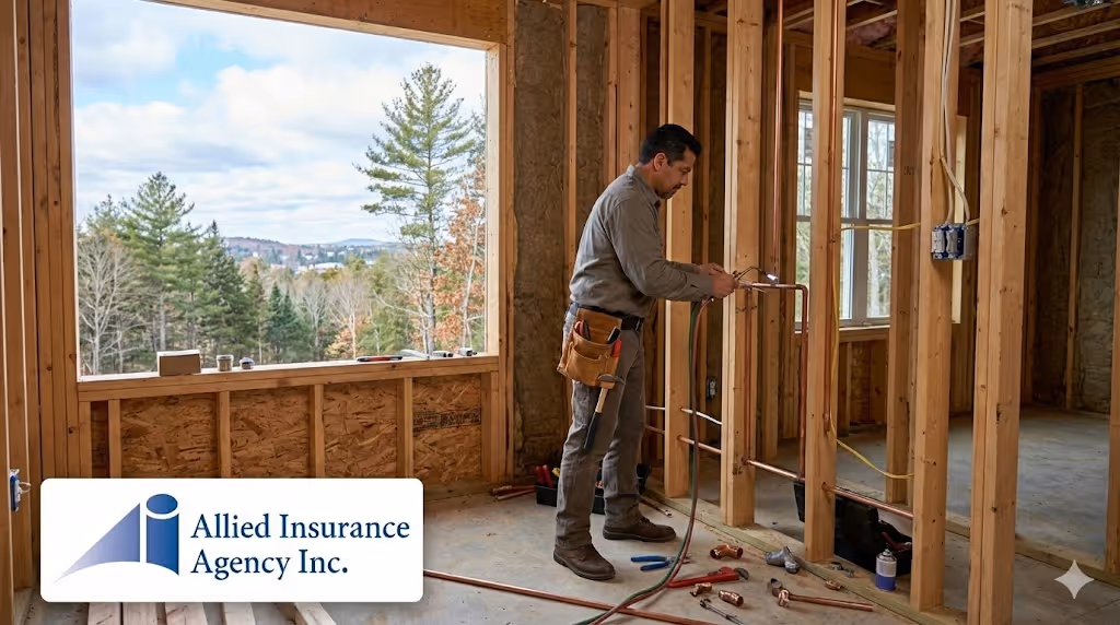 A plumber in a tool belt installs copper piping within the wooden wall framing of a new construction site. A large open window frame reveals a scenic New Hampshire landscape of pine trees and rolling hills under a bright sky.