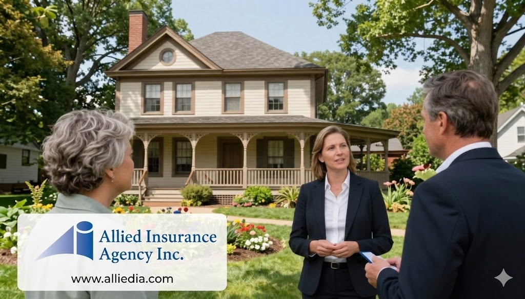 couple meeting with nh insurance agent in front of home