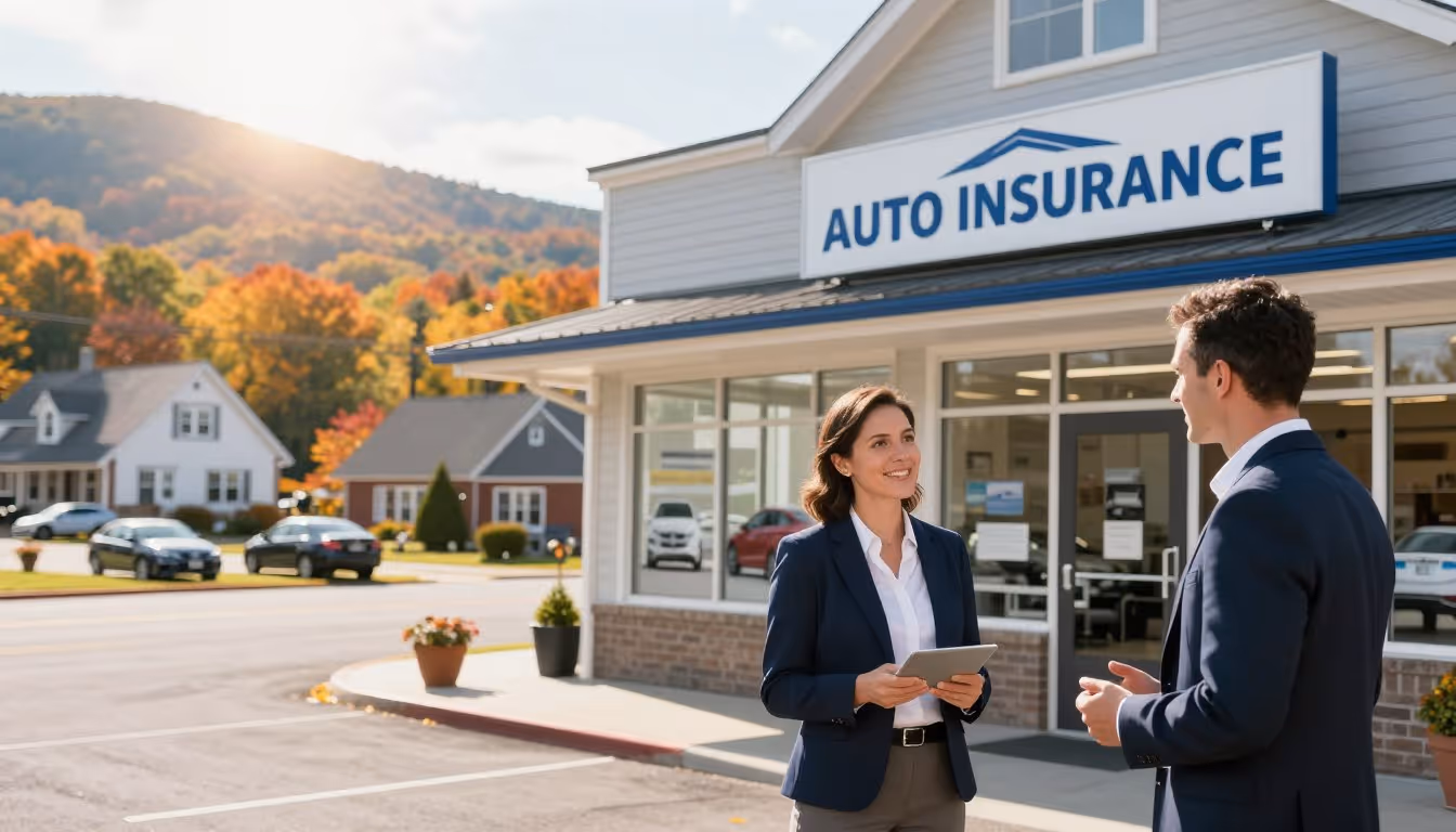 auto insurance agents talking in front of nh office