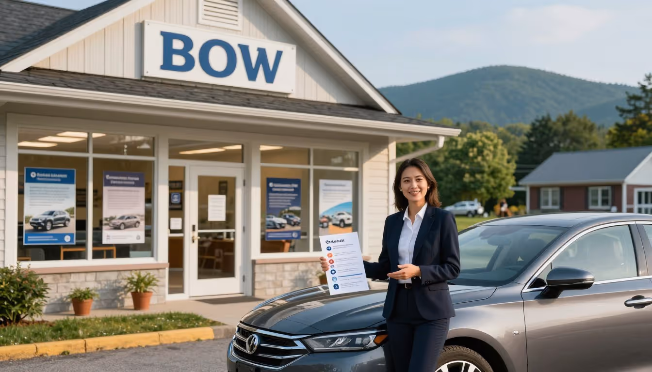 car insurance agent in front of car and bow nh office