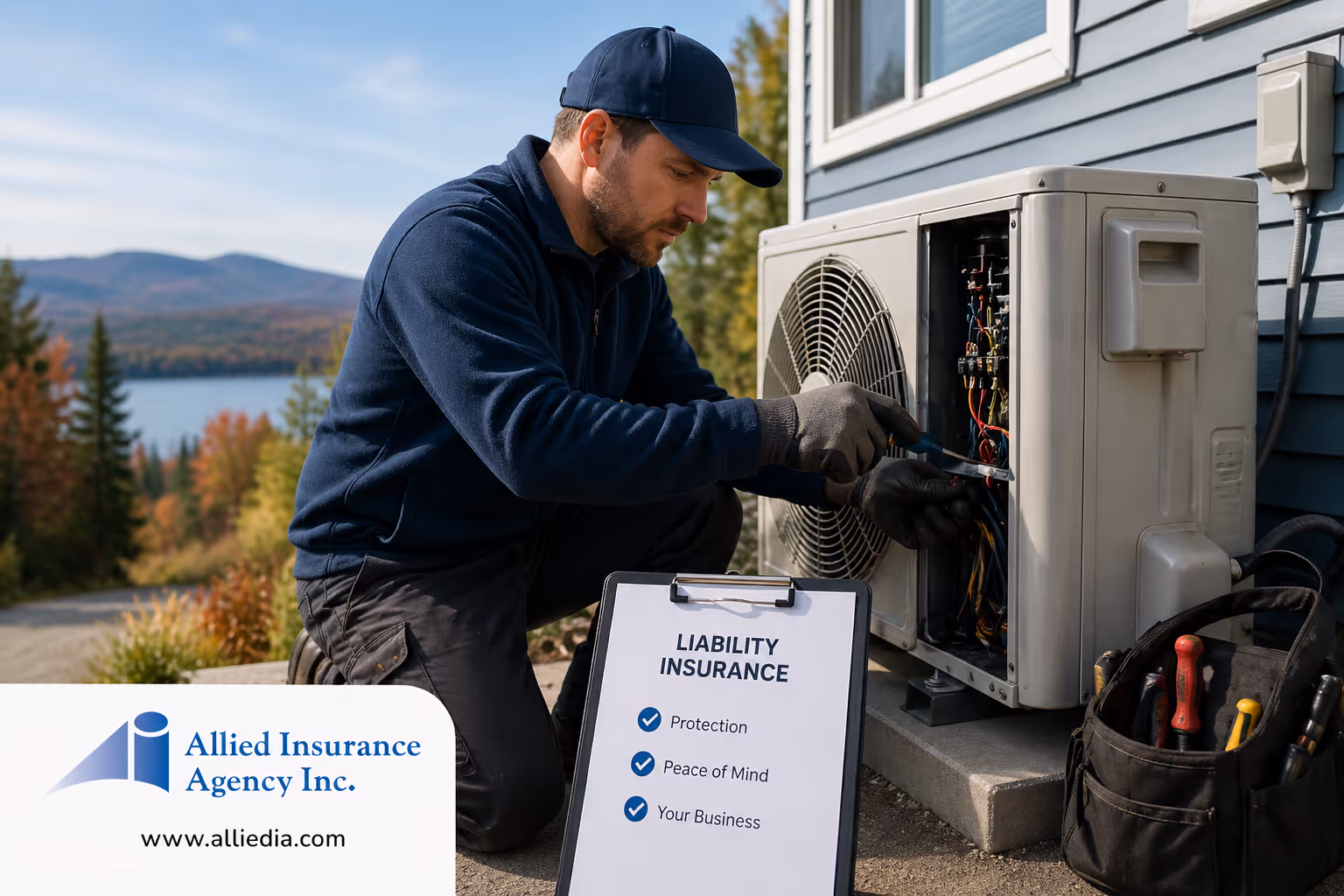 Landscape image of an HVAC contractor servicing an outdoor air conditioning unit beside a home in a New Hampshire setting with a lake and mountains in the background.