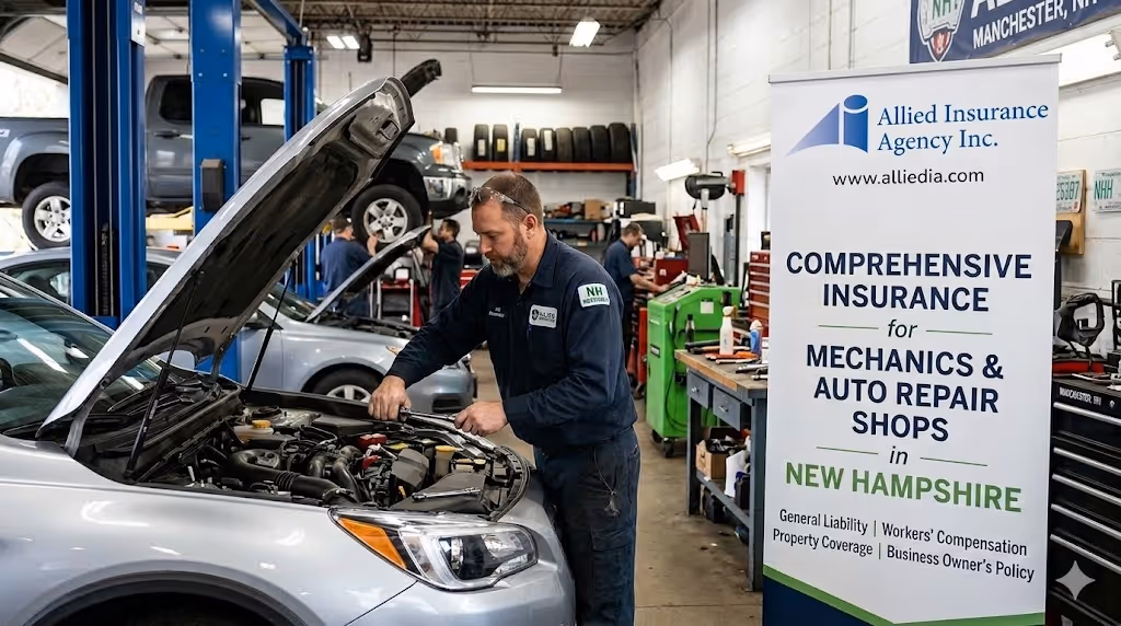 professional mechanic at work in a New Hampshire repair shop, accompanied by a visual representation of the comprehensive insurance coverages discussed in the article, such as general liability and workers' compensatio