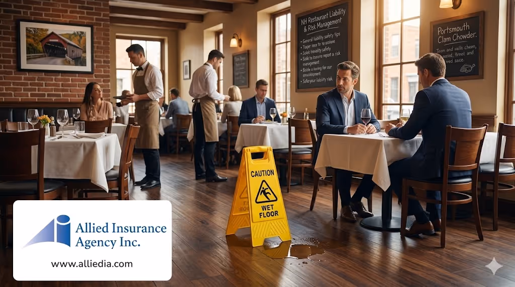 An upscale restaurant dining room featuring a yellow "Caution Wet Floor" sign near a spill on the wooden floor, emphasizing risk management. In the background, patrons dine and waitstaff attend to tables. The Allied Insurance Agency Inc. logo