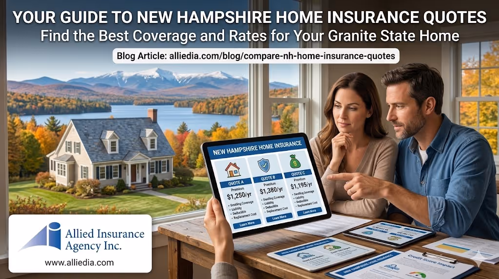 informational graphic with the title "YOUR GUIDE TO NEW HAMPSHIRE HOME INSURANCE QUOTES" and subtitle "Find the Best Coverage and Rates for Your Granite State Home" at the top, along with a blog post URL. A couple sits at a wooden table examining a tablet that displays a side-by-side comparison of three specific home insurance quotes