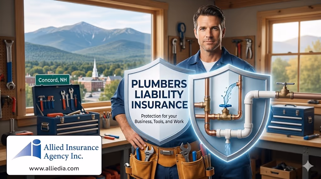 A professional plumber in a workshop with a scenic New Hampshire mountain landscape and a "Concord, NH" sign visible through the window. In the center, a large silver protective shield features the text "PLUMBERS LIABILITY INSURANCE - Protection for your Business, Tools, and Work" next to a glowing shield illustrating plumbing pipes with flowing water.