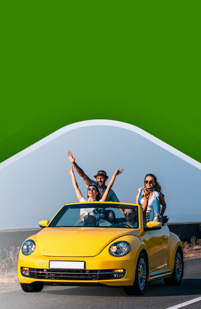 Banner of a yellow car convertible with people smiling and rising their arms