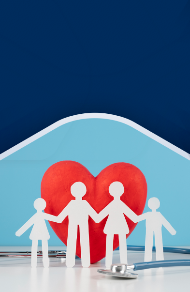 Banner of paper people holding their hands in front of a red heart