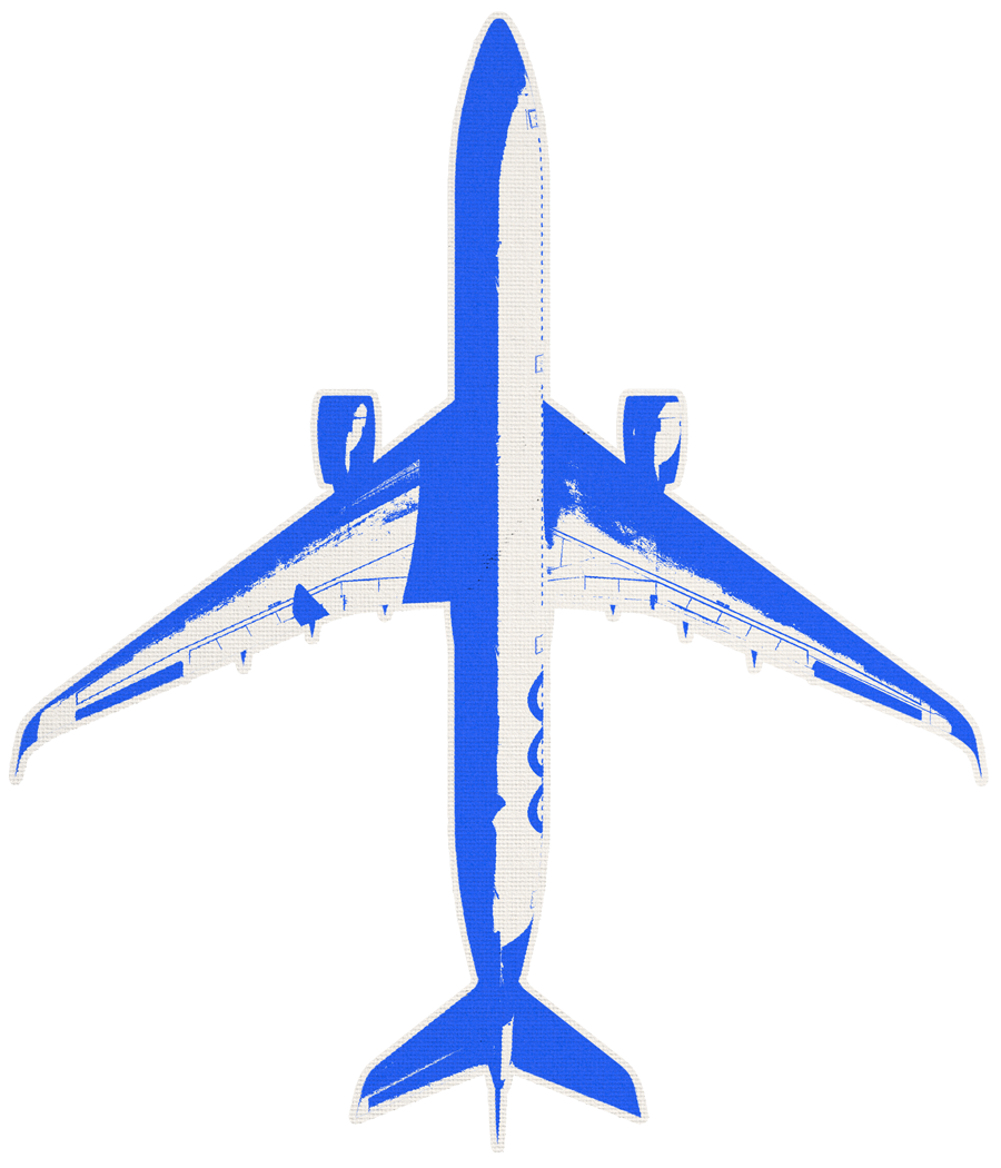 Top-down view of a blue and white airplane showing wings, engines, and tail on a white background.