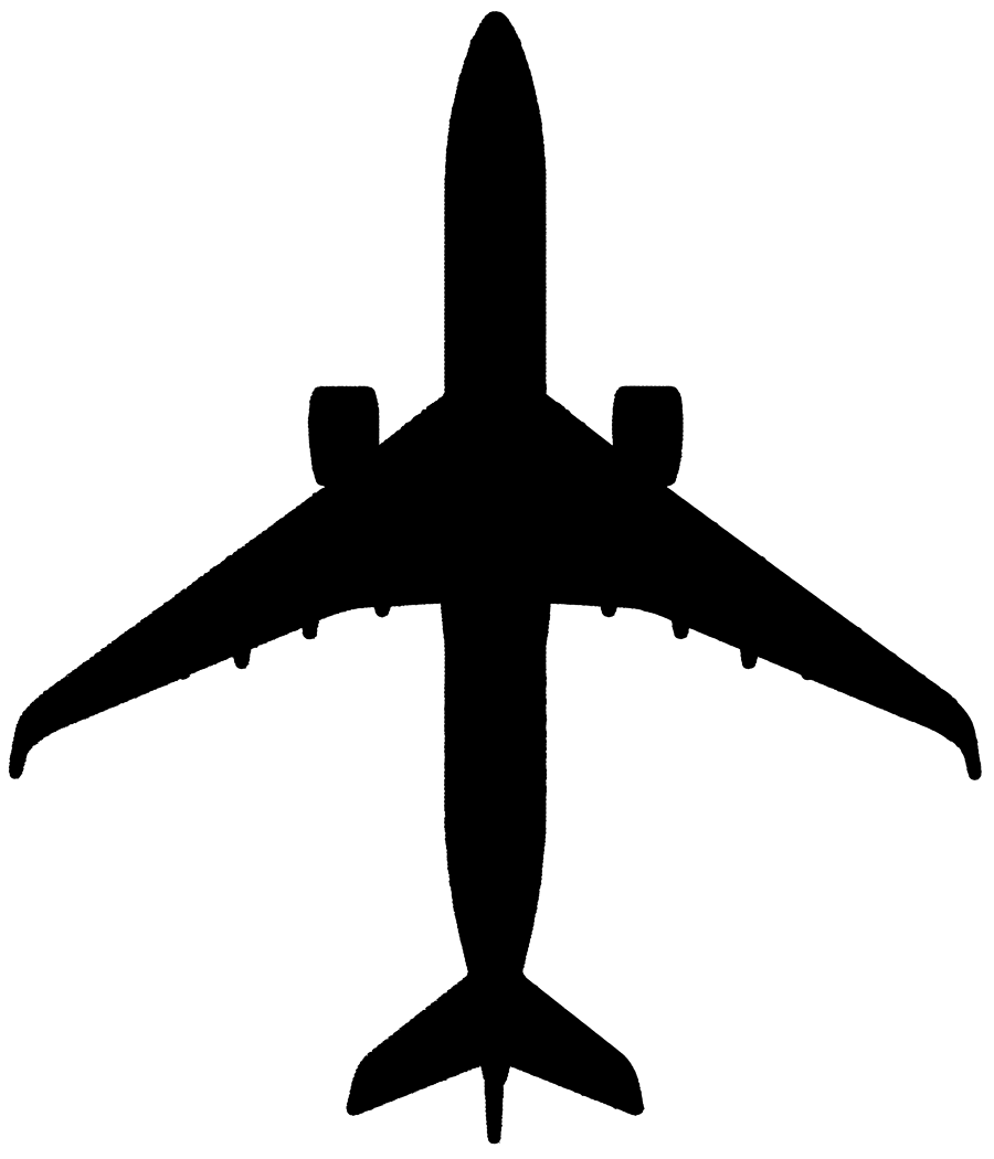 Top-down view of a blue and white airplane showing wings, engines, and tail on a white background.