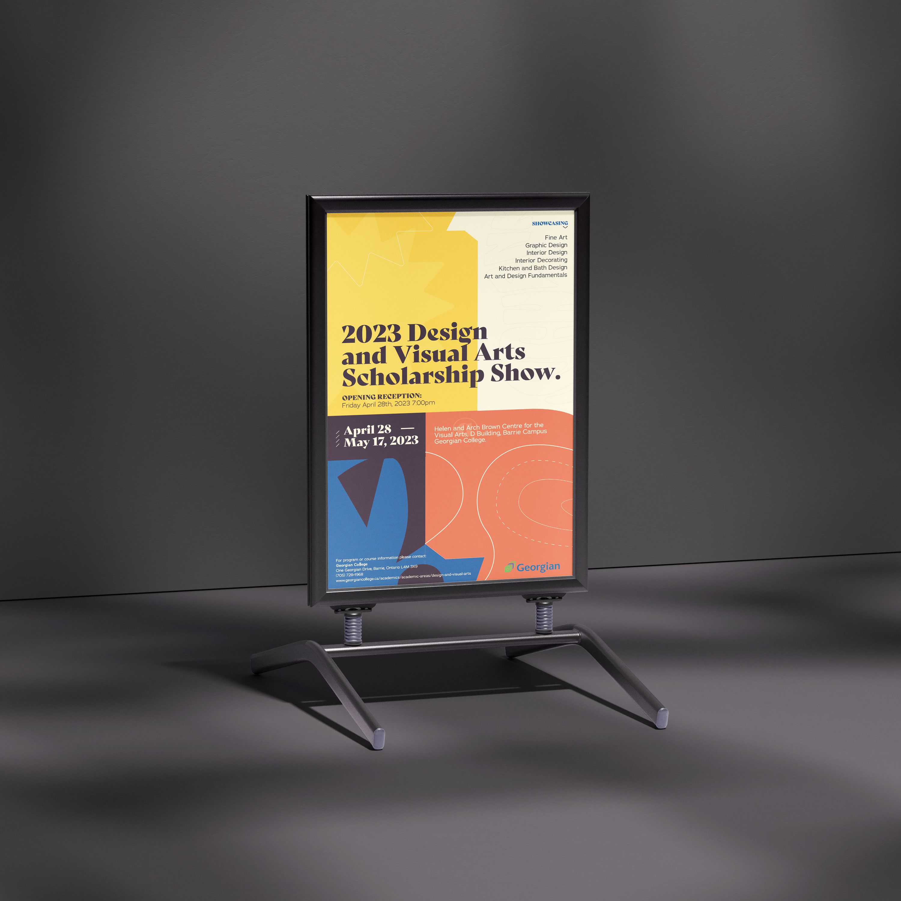 A mockup of the Design and Visual Arts poster mounted on a stand-up poster holder.