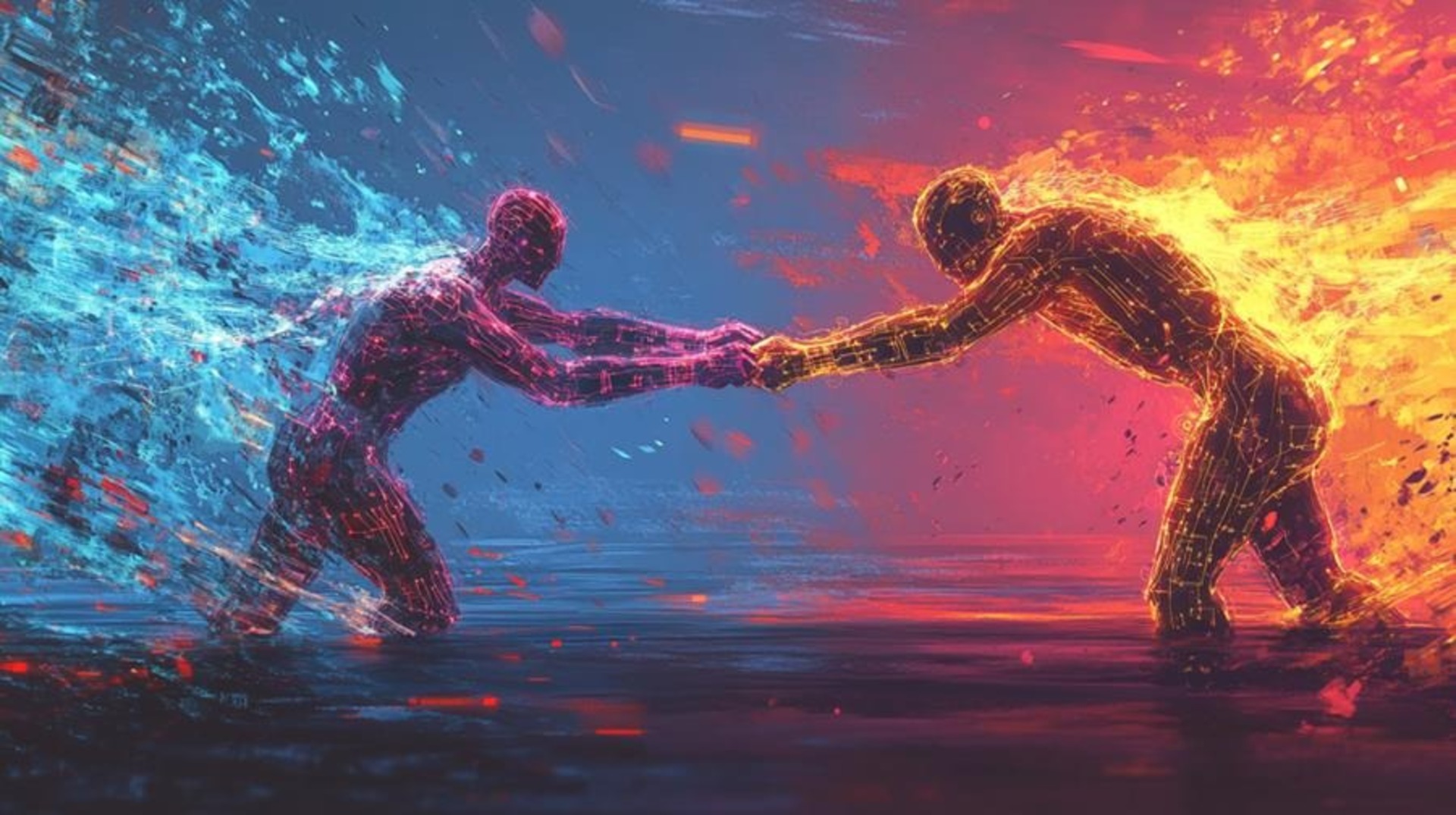 Tech Talent Tug-of-War" Prompt: Abstract digital landscape, two giant hands pulling glowing humanoid figures, vibrant tech-inspired color scheme, dynamic lighting, intricate circuit patterns