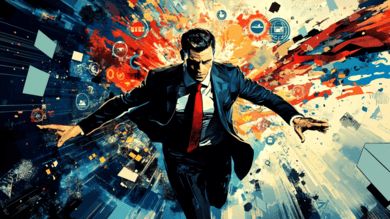 Superhero transformation sequence, businessperson to IT expert, surrounded by swirling certification logos and tech symbols, comic book style, dynamic pose, 16:9 aspect ratio