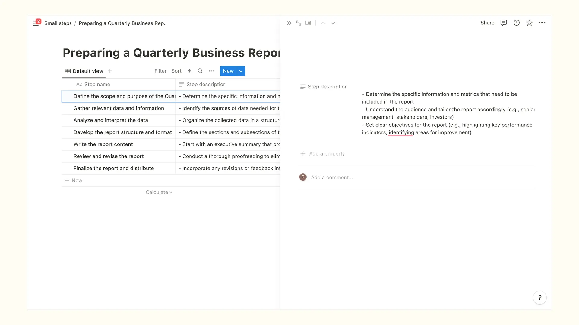 Screenshot of FlexOS Small Steps after import to Notion - a task management interface titled 'Preparing a Quarterly Business Report