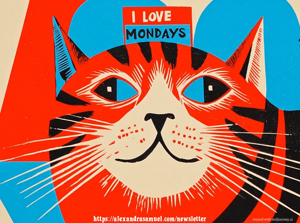 linocut print of a friendly cartoon cat underneth a sign that reads "I LOVE MONDAYS". Link text points to https://alexandrasamuel.com/newslettercredit reads: created with midjourney.ai