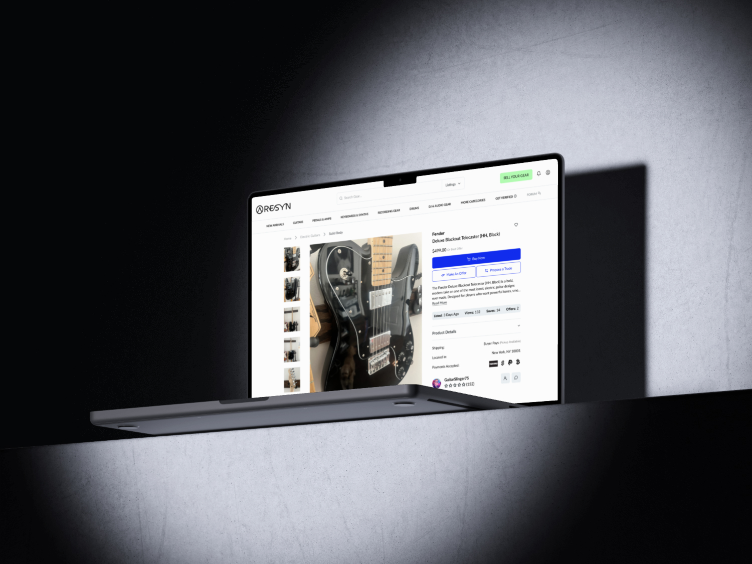 laptop on a ledge with a screen of the listing page of Resyn.com