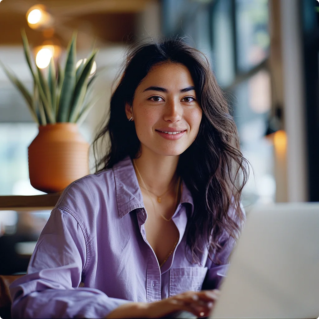 Shows woman in purple shirt.