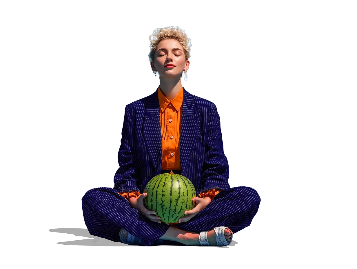 Woman sitting on the floor with a melon in her hands.