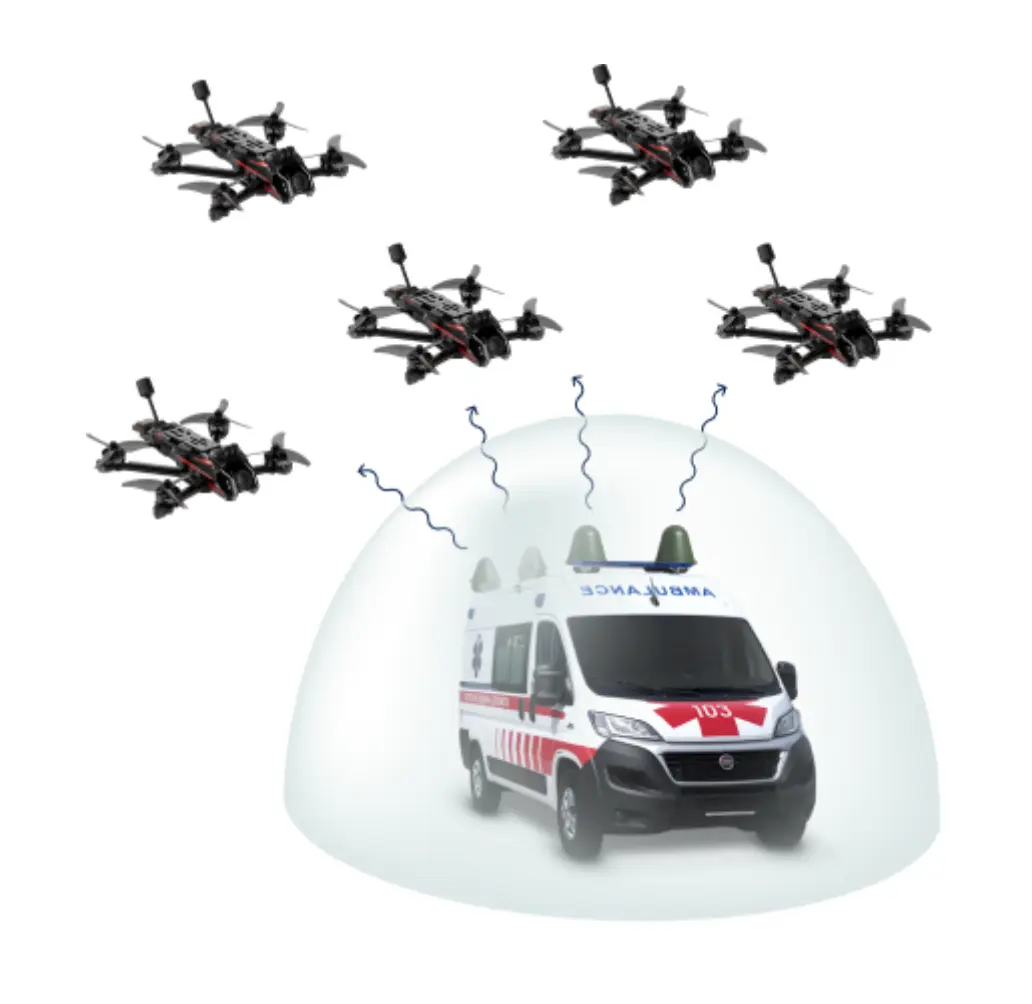 An ambulance protected from drones.